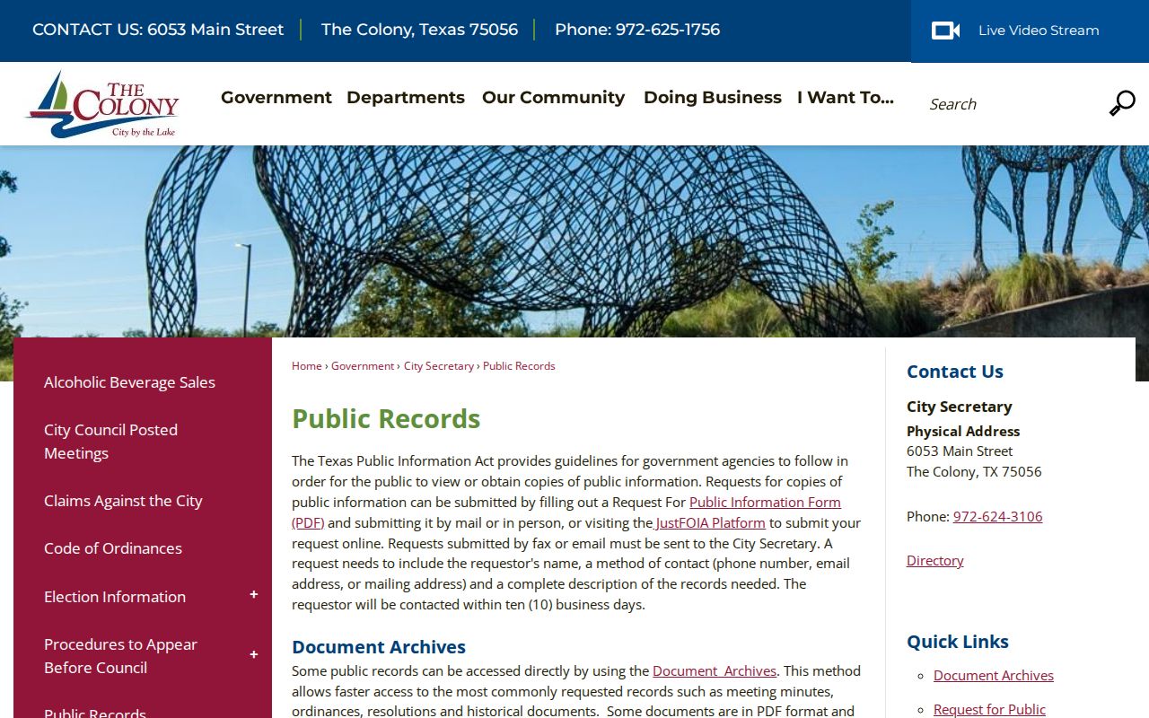 The Colony residents directory city public records request page