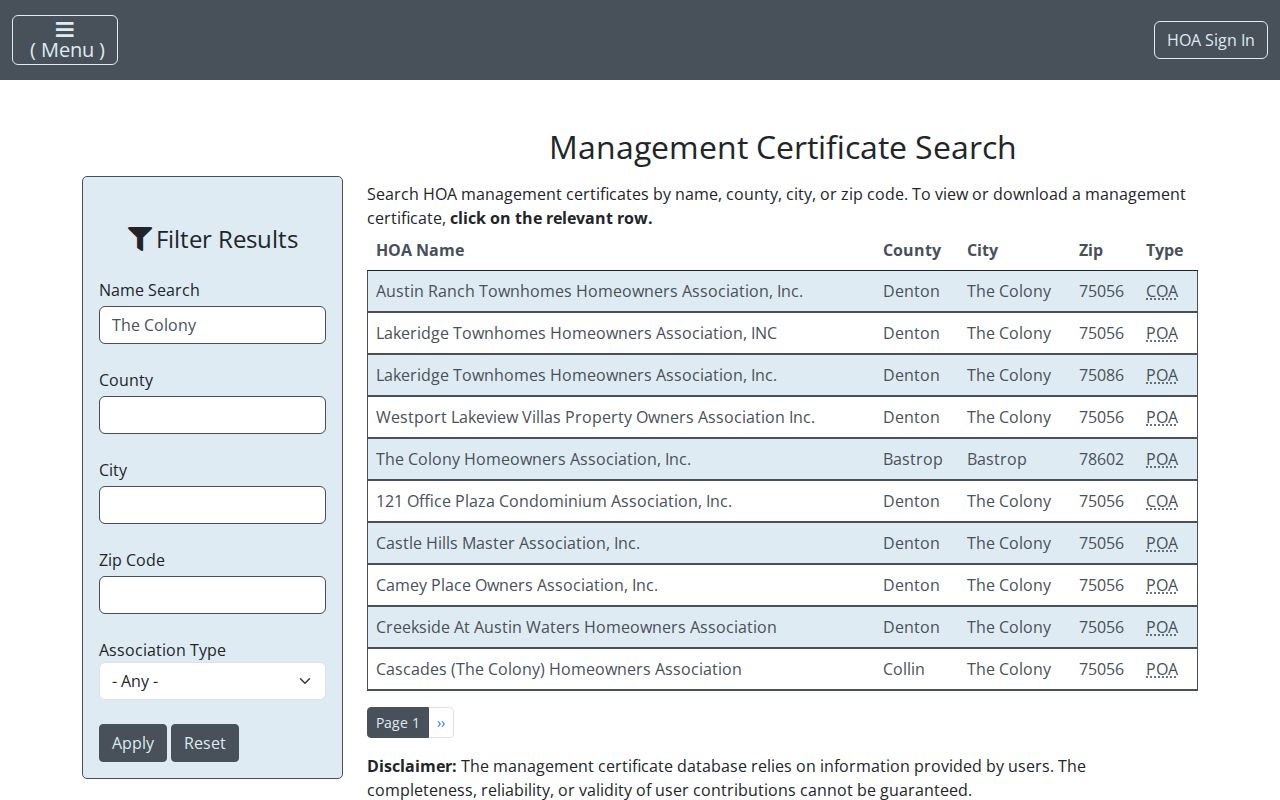 The Colony neighbors association certificate search results