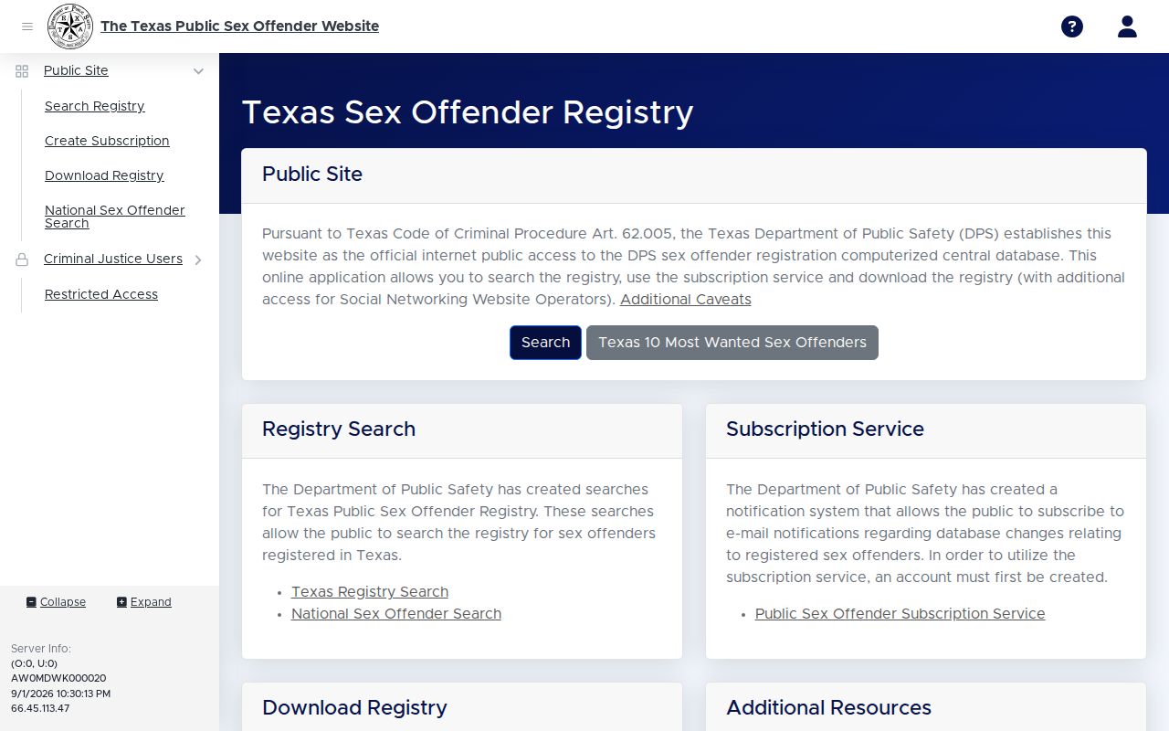 The Colony neighbors context, Texas DPS offender registry search screen